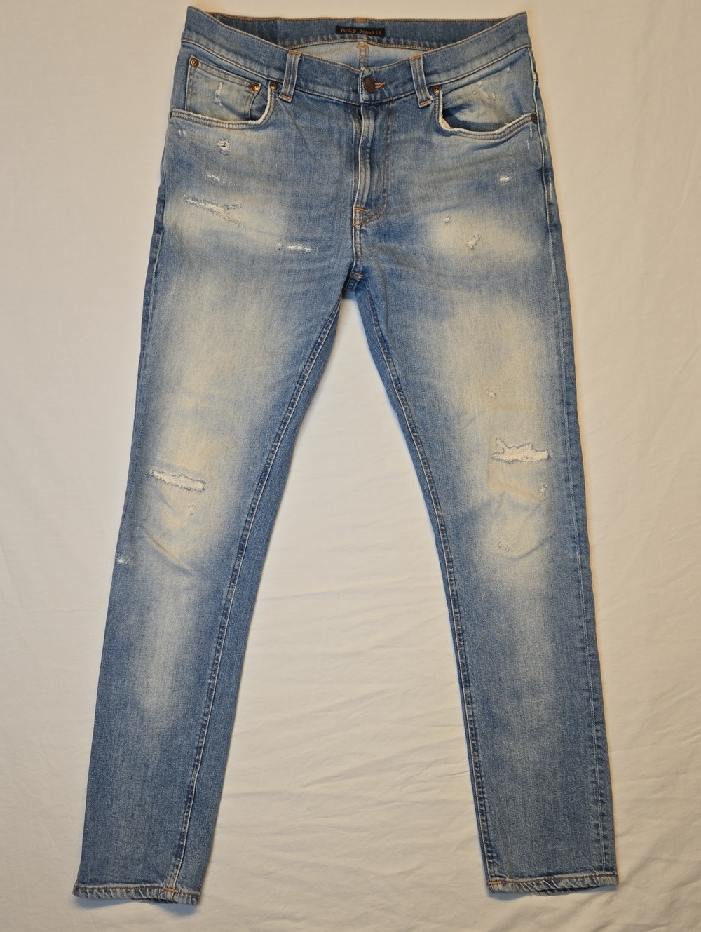 Nudie Jeans Co Broken Summer Lean Dean Light Blue Distressed Demim Jeans
